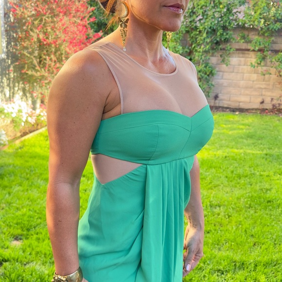 BCBGMaxAzaria Kelly Green Nude Mesh Insert Drape Front Sleeveless Mini -Sz 0 - Picture 7 of 16